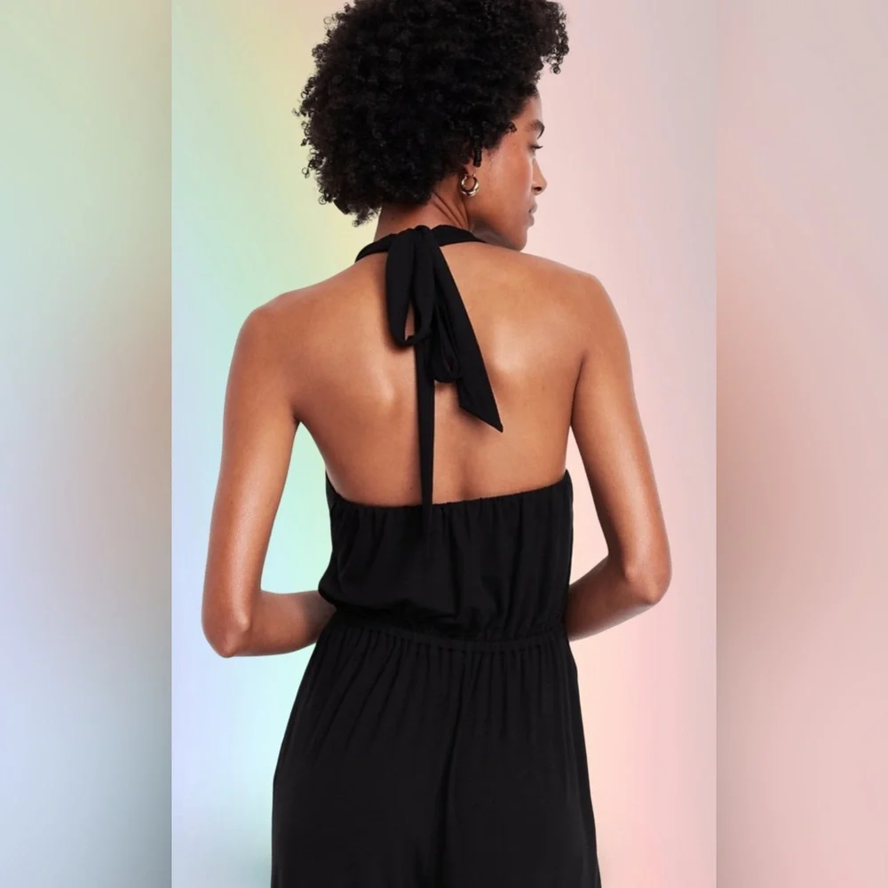 NWTS💓GAP OLD NAVY LG💓BLACK GREEK HALTER STYLE JUMPSUIT ELASTIC WAIST POCKETS - Picture 11 of 14